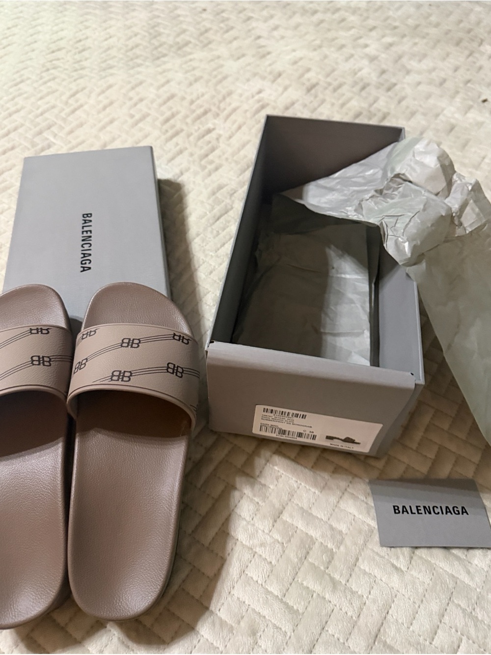 Balenciaga Taupe Logo-Print Slide Sandals